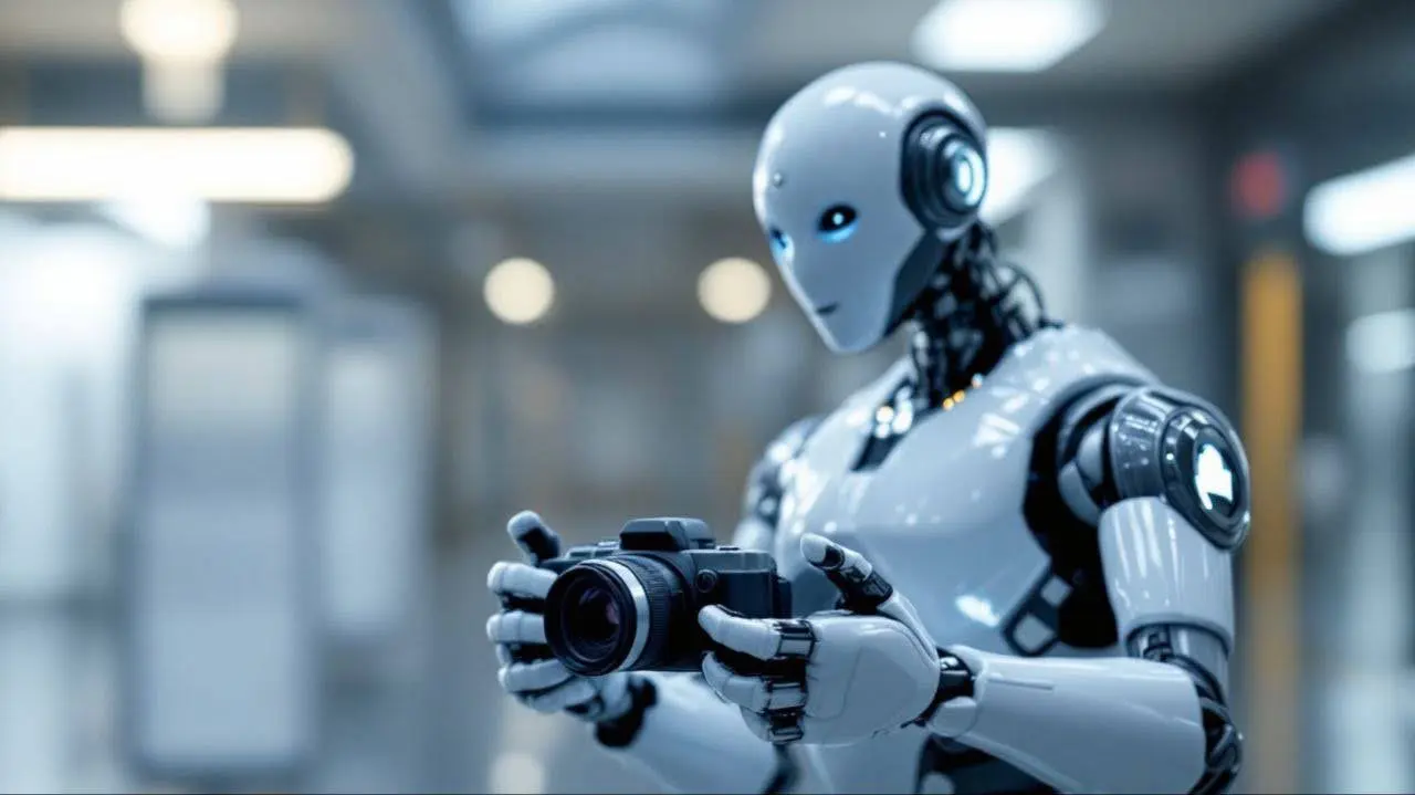 A robot holding a DSLR camera and clicking a picture